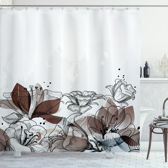 Ambesonne Flower Shower Curtain, Retro Floral Hibiscus Print, 69"Wx84"L, Brown White
