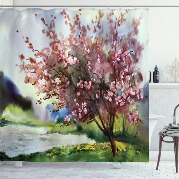 Ambesonne Flower Shower Curtain, Spring Blooming Nature, 69"Wx84"L, Pink Green