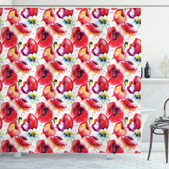 Ambesonne Flower Shower Curtain, Watercolor Romance Art, 69"Wx75"L, Blue Red