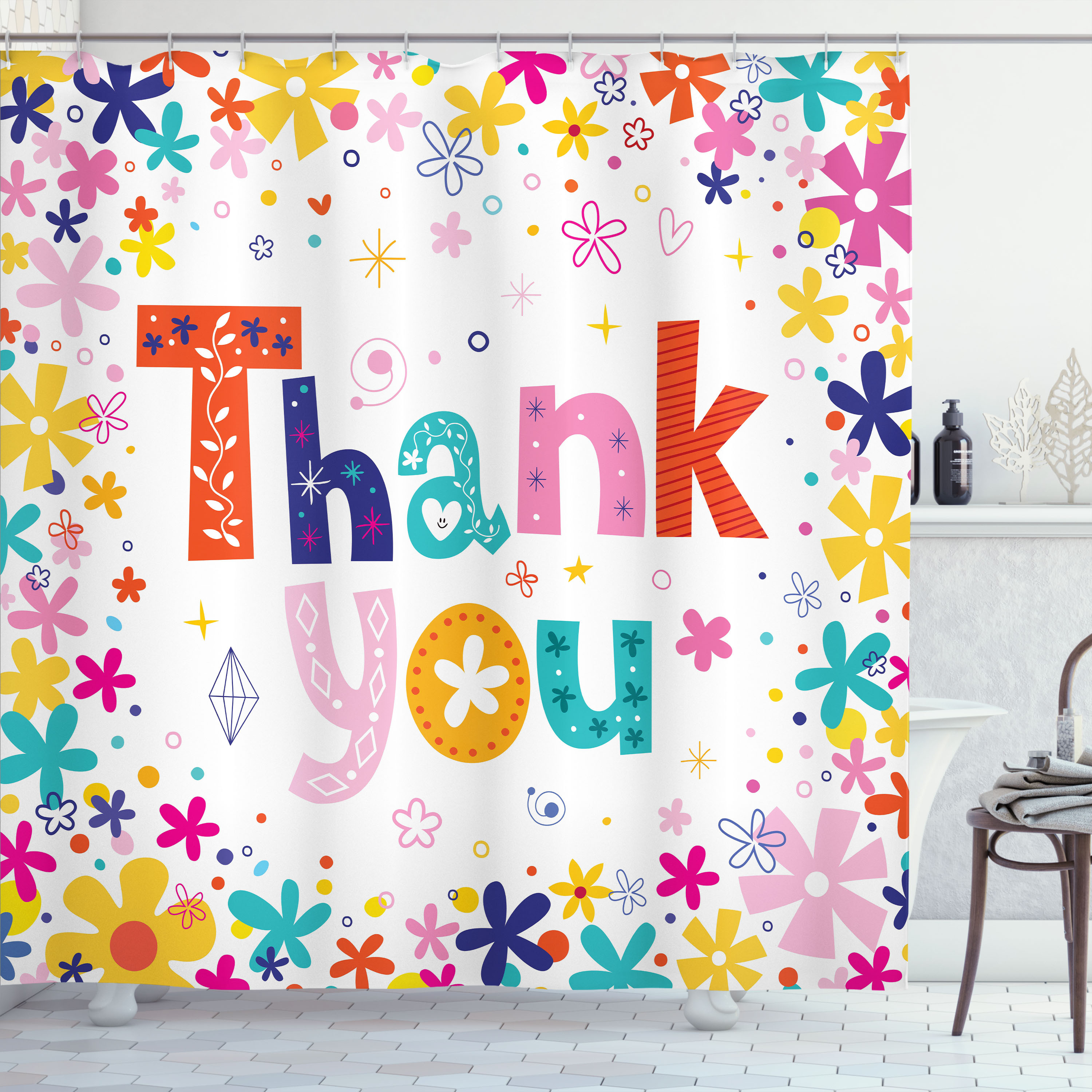 Ambesonne Flower Shower Curtain, Words with Blossoms, 69"Wx70"L