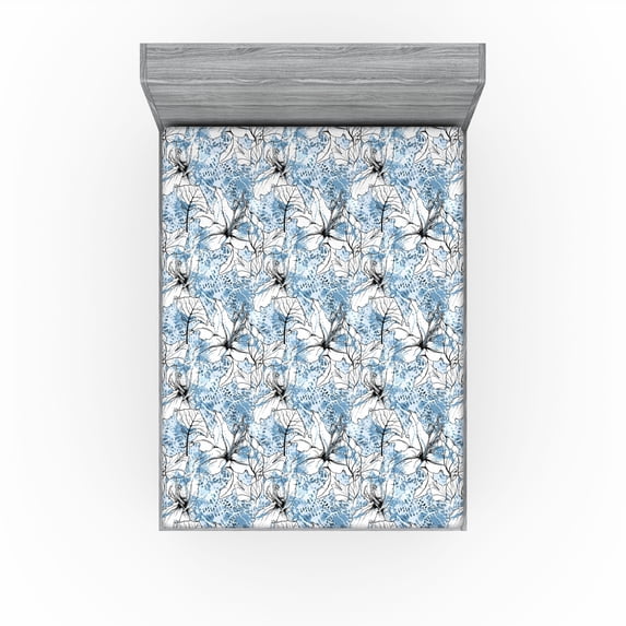 Ambesonne Flower Sketch Fitted Sheet, Romantic Floral Boho, California King, Pale Sky Blue White