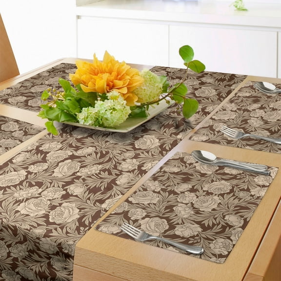 Ambesonne Flower Table Runner & Placemats, Blooming Romantic Rose, Placemat 4 pcs + Runner 14"x72", Brown Beige