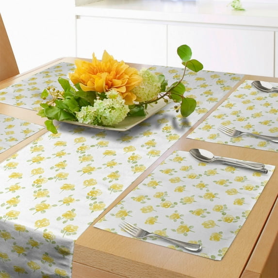 Ambesonne Flower Table Runner & Placemats, Blooming Rose Branches, Placemat 4 pcs + Runner 16"x72", Yellow and Pale Green