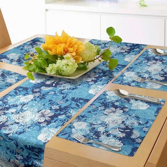 Ambesonne Flower Table Runner & Placemats, Blue Color Palette Roses, Placemat 4 pcs + Runner 16"x72", Sky Blue Blue
