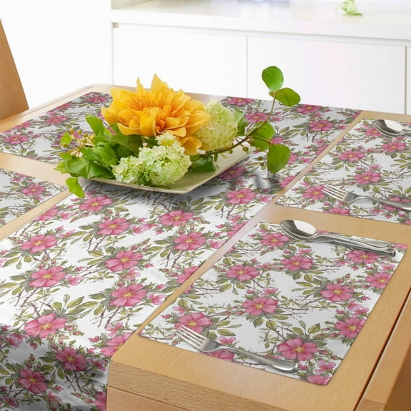 Ambesonne Flower Table Runner & Placemats, Dog Rose Garden Floral, Placemat 4 pcs + Runner 12"x90", Lime Green Pale Pink