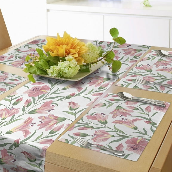 Ambesonne Flower Table Runner & Placemats, Flourishing Wild Blooms, Placemat 4 pcs + Runner 12"x90", Reseda Green Pale Pink
