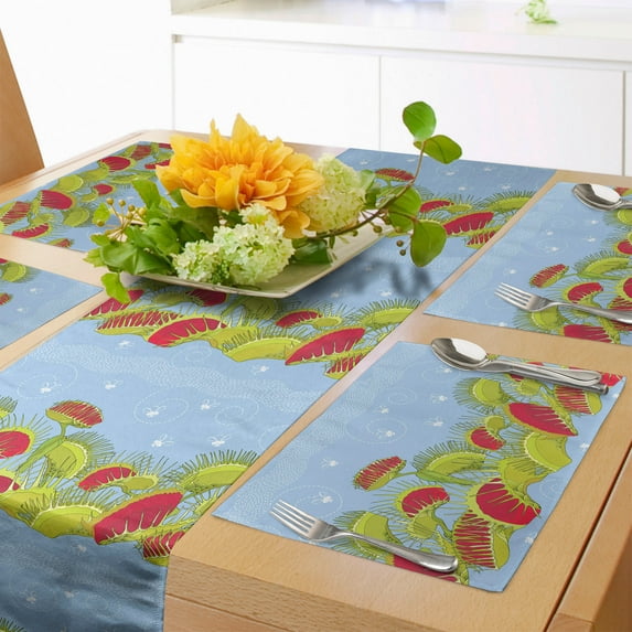 Ambesonne Flower Table Runner & Placemats, Flower Wild Blossom on Blue, Placemat 4 pcs + Runner 12"x90", Pale Blue Multicolor
