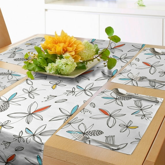 Ambesonne Flower Table Runner & Placemats, Modern Minimal Botany Art, Placemat 4 pcs + Runner 16"x72", Off White Multicolor