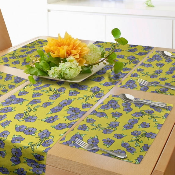 Ambesonne Flower Table Runner & Placemats, Narcissus Blooms Vintage, Placemat 4 pcs + Runner 12"x72", Pale Green Purple
