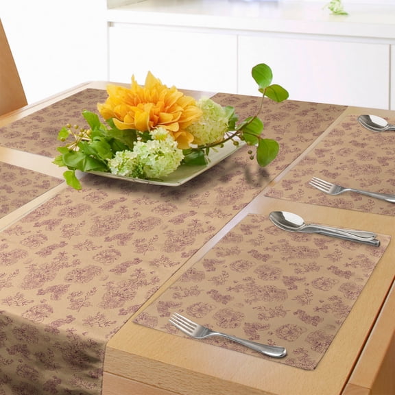 Ambesonne Flower Table Runner & Placemats, Peony Raspberry Damask, Placemat 4 pcs + Runner 12"x72", Dark Peach Pale Maroon