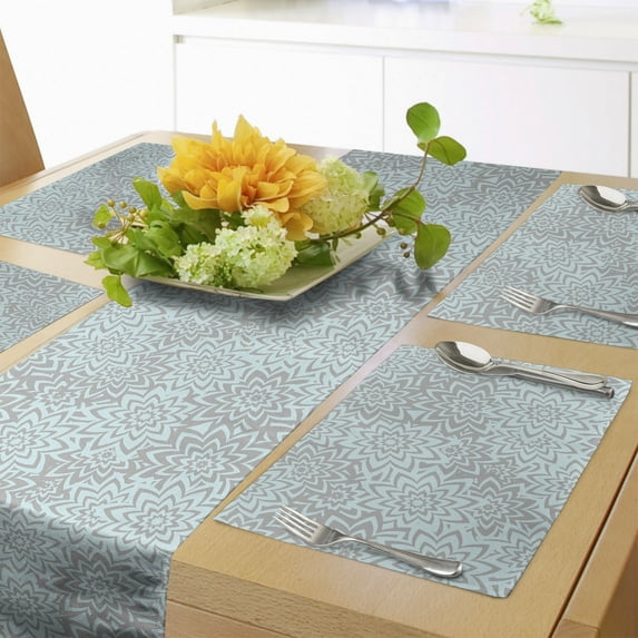 Ambesonne Flower Table Runner & Placemats, Summer Blooms Petals, Placemat 4 pcs + Runner 12"x72", Pale Blue Taupe