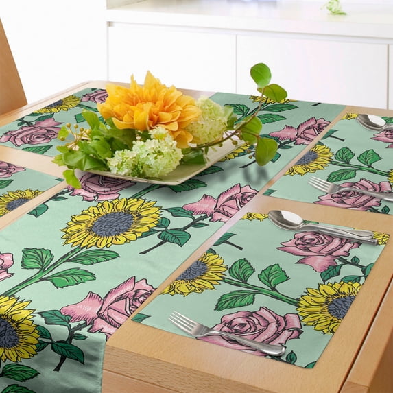 Ambesonne Flower Table Runner & Placemats, Sunflower and Roses, Placemat 4 pcs + Runner 12"x90", Mint Green Multicolor
