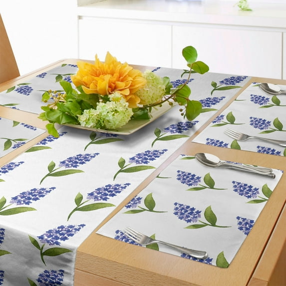 Ambesonne Flower Table Runner & Placemats, Watercolor Lilac Pattern, Placemat 4 pcs + Runner 16"x72", Lime Green Ceil Blue