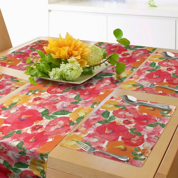 Ambesonne Flower Table Runner & Placemats, Watercolor Style Floral, Placemat 4 pcs + Runner 14"x72", Red and Orange