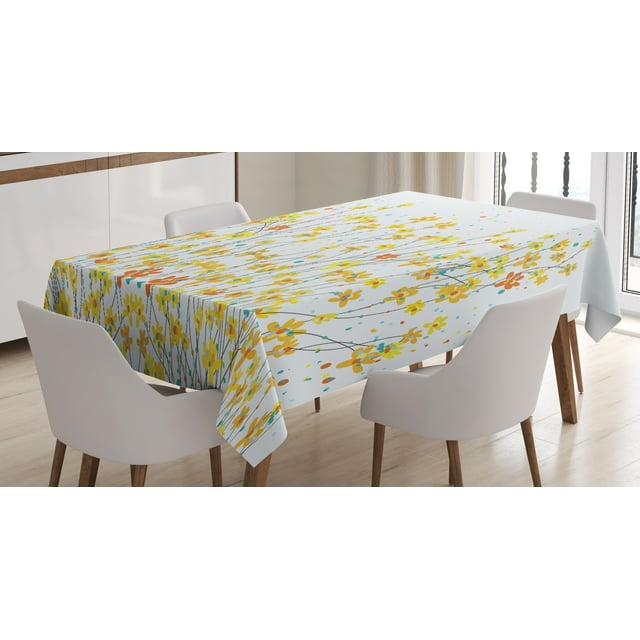 Ambesonne Flower Tablecloth Rectangular Table Cover, Daffodil Bloom Spring, 52"x70", Yellow Orange Pale Blue