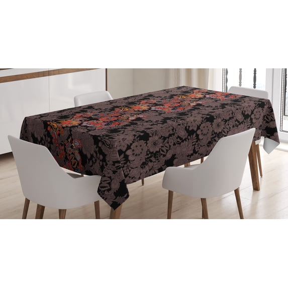 Ambesonne Flower Tablecloth Rectangular Table Cover, Japanese Vivid Florals, 60"x84", Black Orange Mustard
