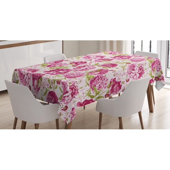 Ambesonne Flower Tablecloth Rectangular Table Cover, Peonies and Leaf Floral, 60"x90", Pink White Olive Green