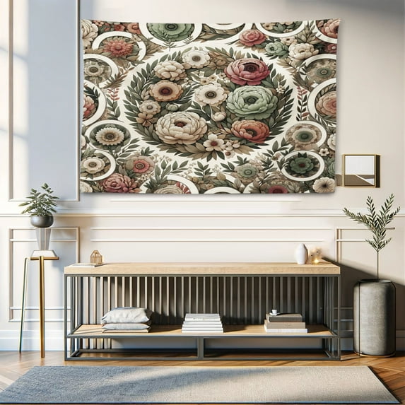 Ambesonne Flower Tapestry Wall Hanging, Floral Wreath Leaves Print, 60"x40", Reseda Green Pale Ruby