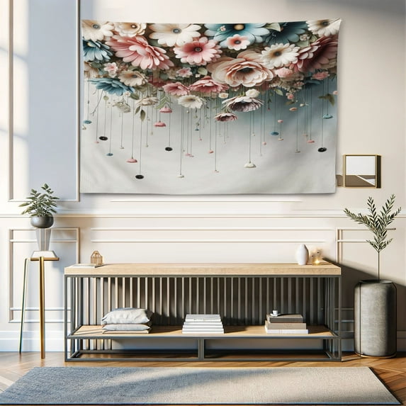 Ambesonne Flower Tapestry Wall Hanging, Realistic Gentle Floral Boho, 60"x40", Pale Eggshell Rose Blue