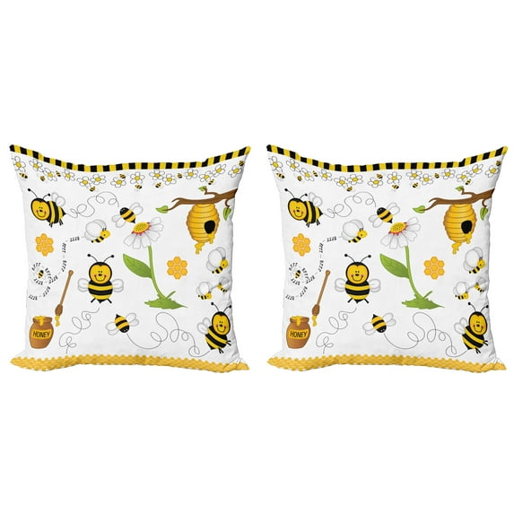 Ambesonne Flower Throw Pillow Cover 2 Pack, Bees Daisies Chamomile, 20", Yellow White and Black