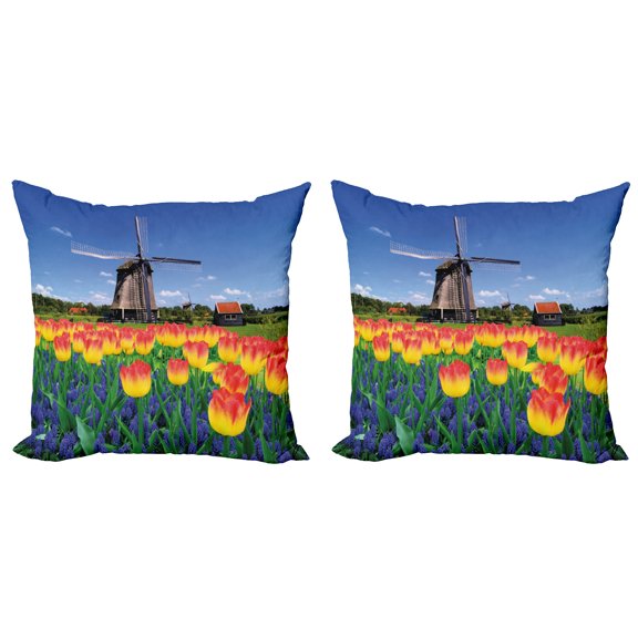 Ambesonne Flower Throw Pillow Cover 2 Pack, Blooming Tulip Windmill, 16", Yellow Blue