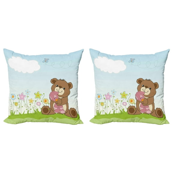 Ambesonne Flower Throw Pillow Cover 2 Pack, Cartoon Teddy Bear and, 16", Multicolor