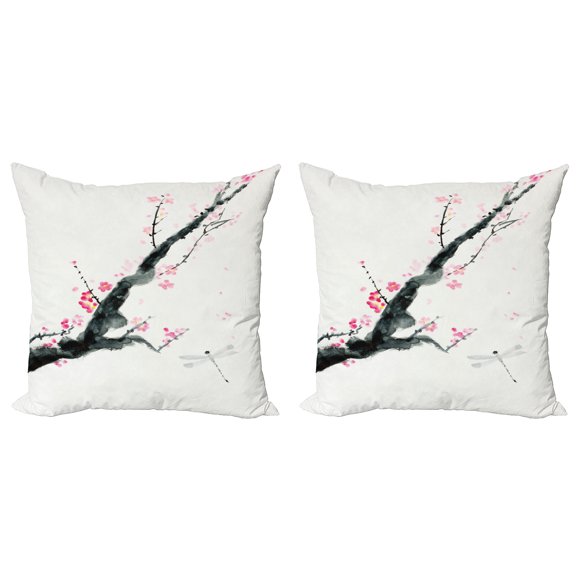 Ambesonne Flower Throw Pillow Cover 2 Pack, Cherry Sakura Tree, 16", Pale Sage Green Pink