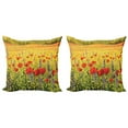 thumbnail image 1 of Ambesonne Flower Throw Pillow Cover 2 Pack, Field with Poppies Farm, 24", Yellow Red Green, 1 of 5