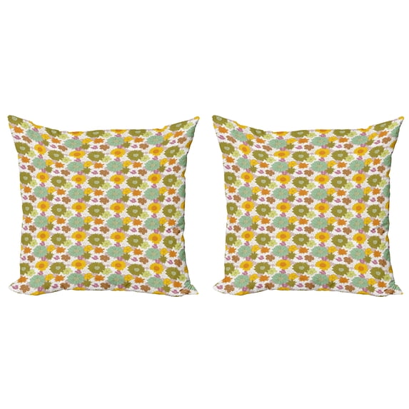 Ambesonne Flower Throw Pillow Cover 2 Pack, Retro Fresh Nature Theme, 16", Multicolor
