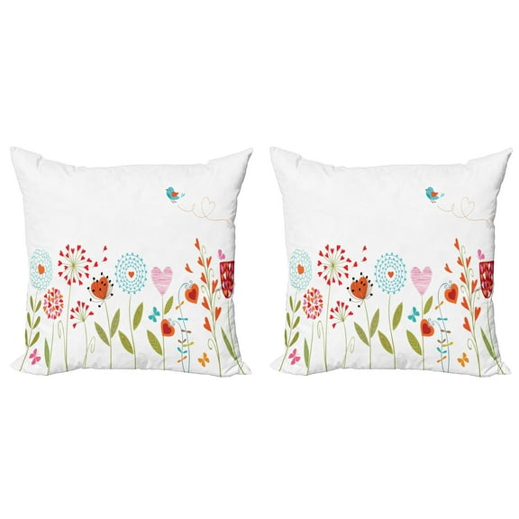 Ambesonne Flower Throw Pillow Cover 2 Pack, Romantic Hearts Design, 18", Multicolor