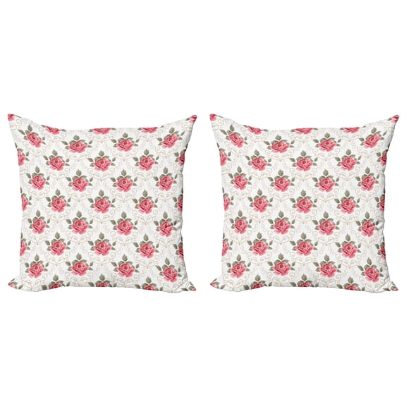 Ambesonne Flower Throw Pillow Cover 2 Pack, Romantic Shabby Plant, 16", Pink and Green
