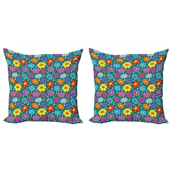 Ambesonne Flower Throw Pillow Cover 2 Pack, Spring Garden Pattern Floral, 24", Teal Multicolor