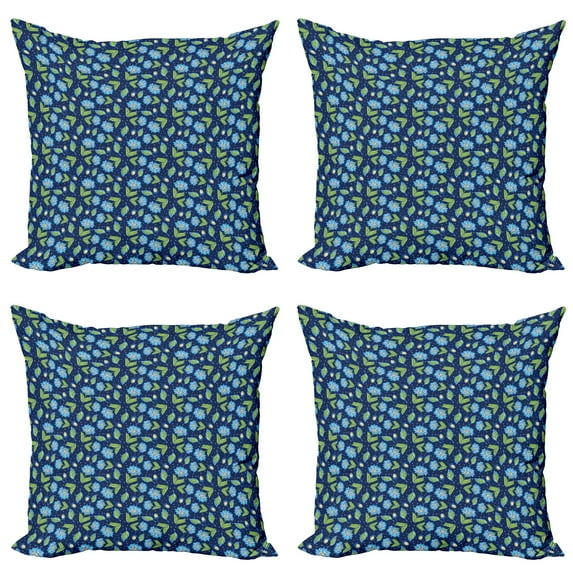 Ambesonne Flower Throw Pillow Cover 4 Pack, Abstract Dotted Night Art, 18", Night Blue and Lime Green