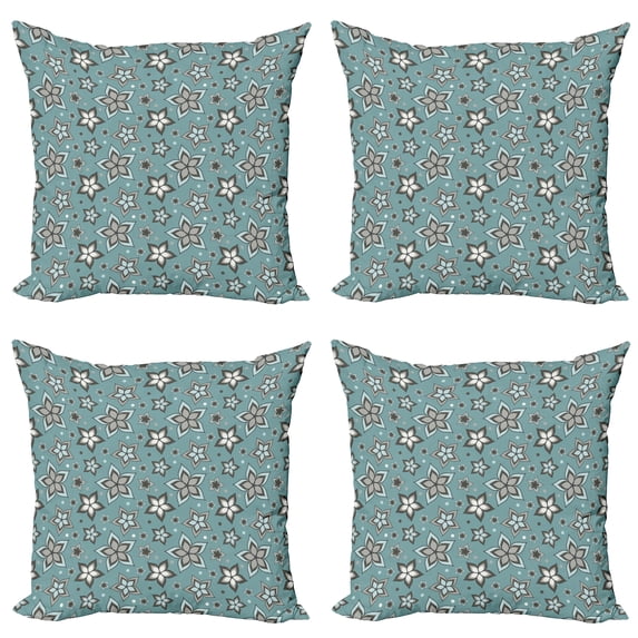 Ambesonne Flower Throw Pillow Cover 4 Pack, Botany Motif Bouquet, 18", Pale Grey Turquoise