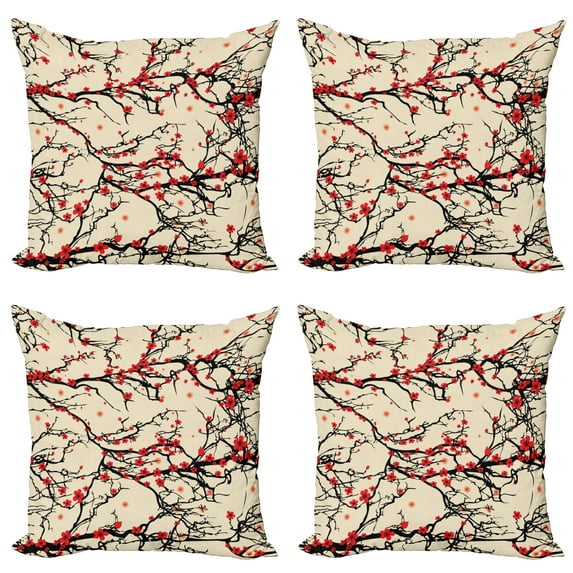 Ambesonne Flower Throw Pillow Cover 4 Pack, Branches of a Spring Season, 16", Vermilion Beige