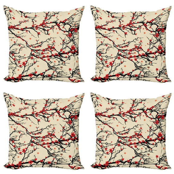 Ambesonne Flower Throw Pillow Cover 4 Pack, Branches of a Spring Season, 18", Vermilion Beige
