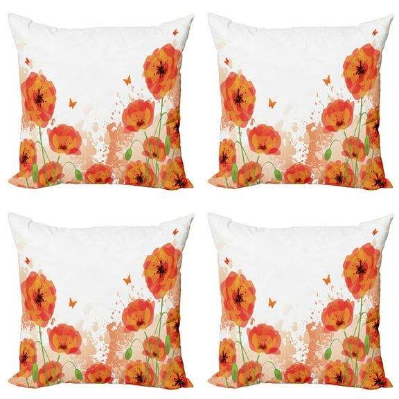 Ambesonne Flower Throw Pillow Cover 4 Pack, Bridal Watercolor Art, 18", Red White