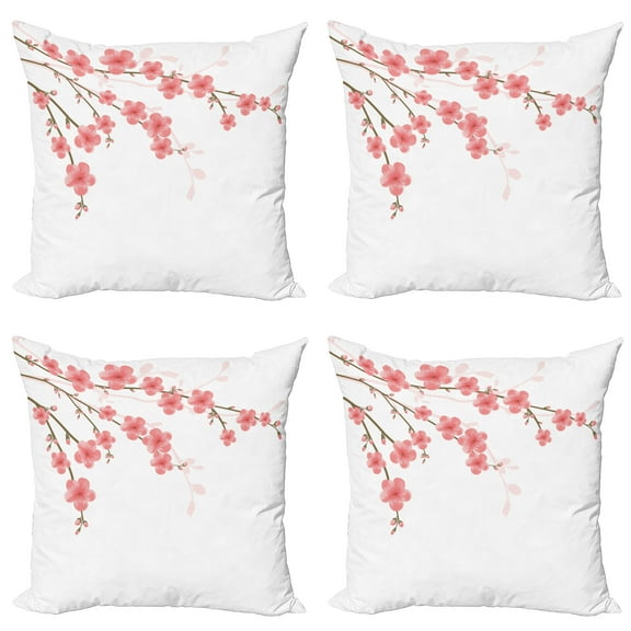 Ambesonne Flower Throw Pillow Cover 4 Pack, Cherry Blossom Art, 16", Pink Green