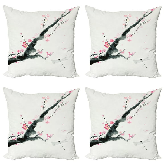 Ambesonne Flower Throw Pillow Cover 4 Pack, Cherry Sakura Tree, 20", Pale Sage Green Pink