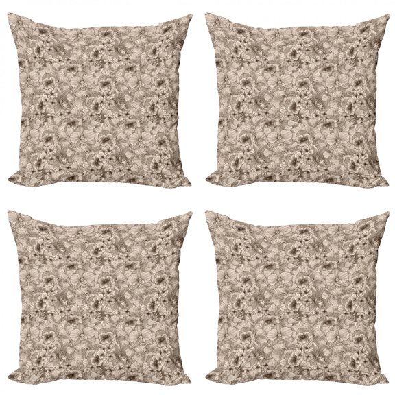 Ambesonne Flower Throw Pillow Cover 4 Pack, Classic Retro Spring Blooms, 20", Champagne Brown
