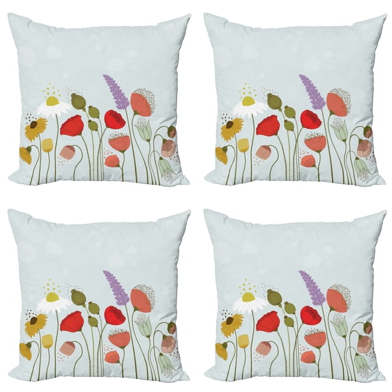 Ambesonne Flower Throw Pillow Cover 4 Pack, Daisy and Peony Pattern, 24", Multicolor
