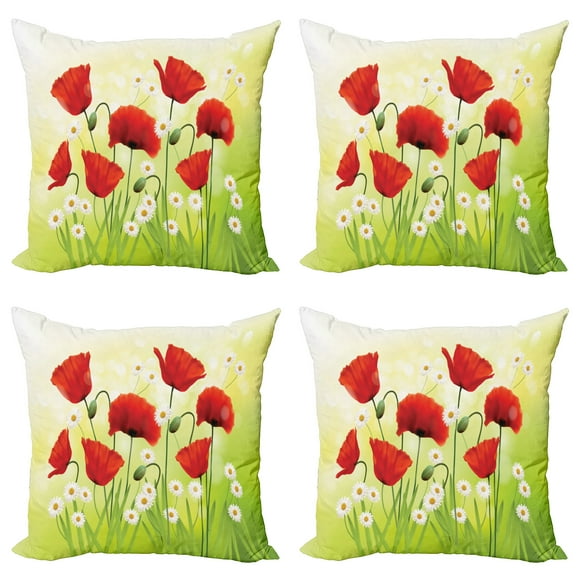 Ambesonne Flower Throw Pillow Cover 4 Pack, Floral Chamomile Poppy, 24", Red Green