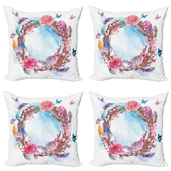Ambesonne Flower Throw Pillow Cover 4 Pack, Floral Wreath Feathers, 24", Multicolor