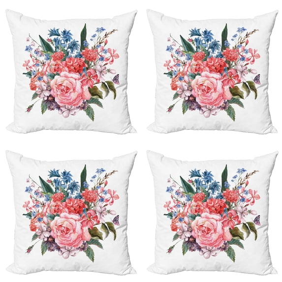 Ambesonne Flower Throw Pillow Cover 4 Pack, Garden Flowers Bouquet, 18", Multicolor