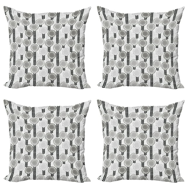Ambesonne Flower Throw Pillow Cover 4 Pack, Greyscale Spring Bloom, 20", Grey Pale Grey Black