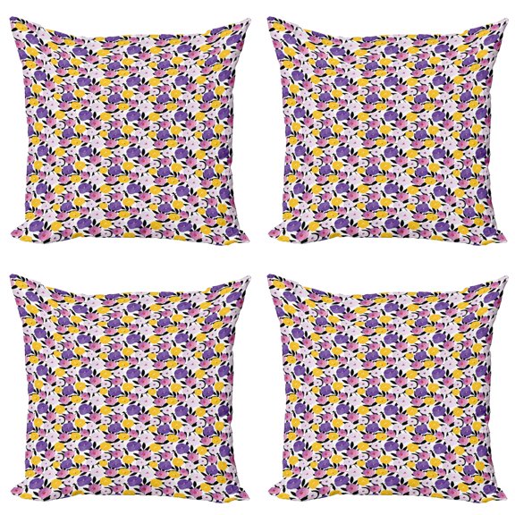 Ambesonne Flower Throw Pillow Cover 4 Pack, Groovy Exotic Fantasy, 16", Multicolor