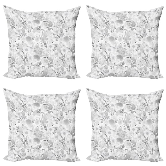 Ambesonne Flower Throw Pillow Cover 4 Pack, Monochrome Bouquet Leaf, 24", Pale Grey Grey and White
