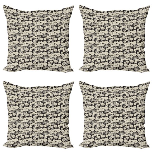 Ambesonne Flower Throw Pillow Cover 4 Pack, Monochrome Spring Growth, 24", Black and Beige