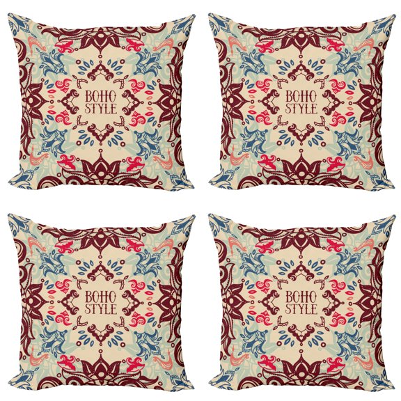 Ambesonne Flower Throw Pillow Cover 4 Pack, Ornate Floral Ethnic, 16", Maroon Beige Violet Blue
