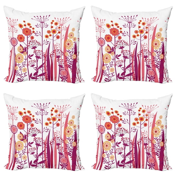 Ambesonne Flower Throw Pillow Cover 4 Pack, Pink Florals Leaves Buds, 20", Pale Pink Orange